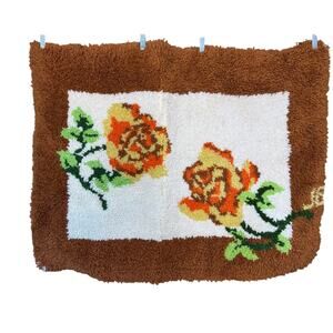 Vintage handmade latch hook rug wall hanging orange roses